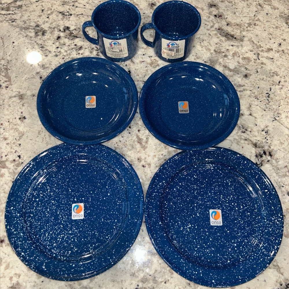 Cinsa Saltillo Blue Vintage 6 Piece Enamelware Camp 2 Plates 2 Mugs 2 Bowls NEW